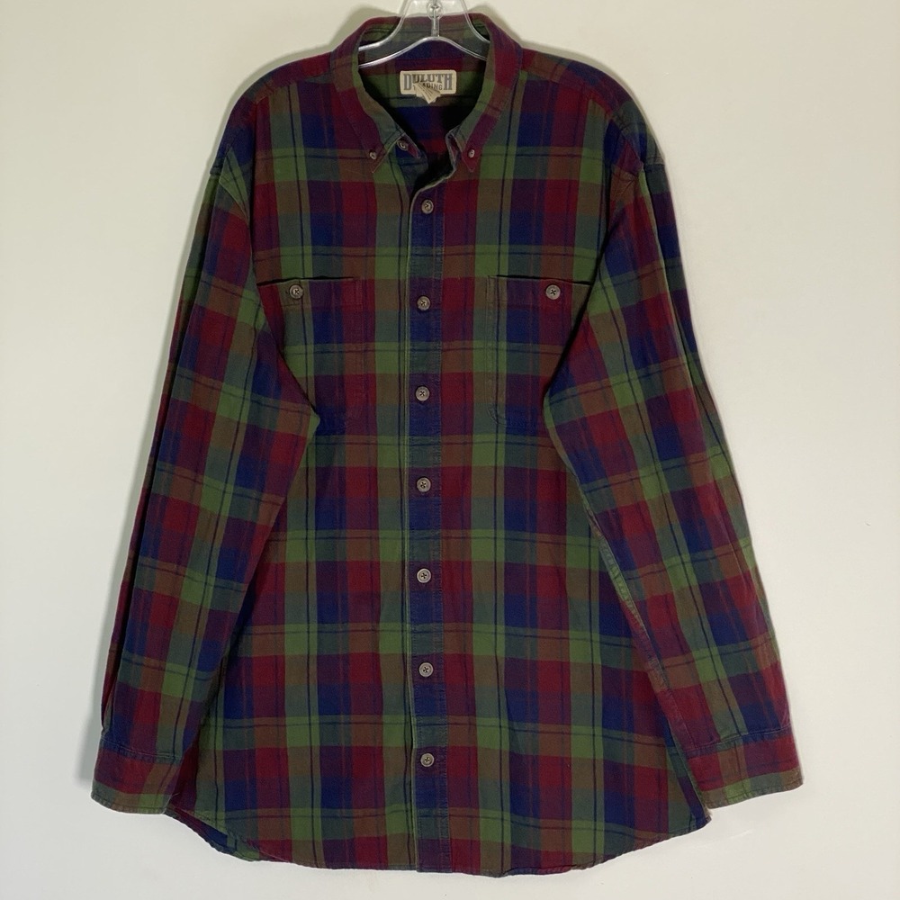 Duluth Trading Co Shirt Mens Large Tall Red Green Blue Flannel Plaid 100% Cotton